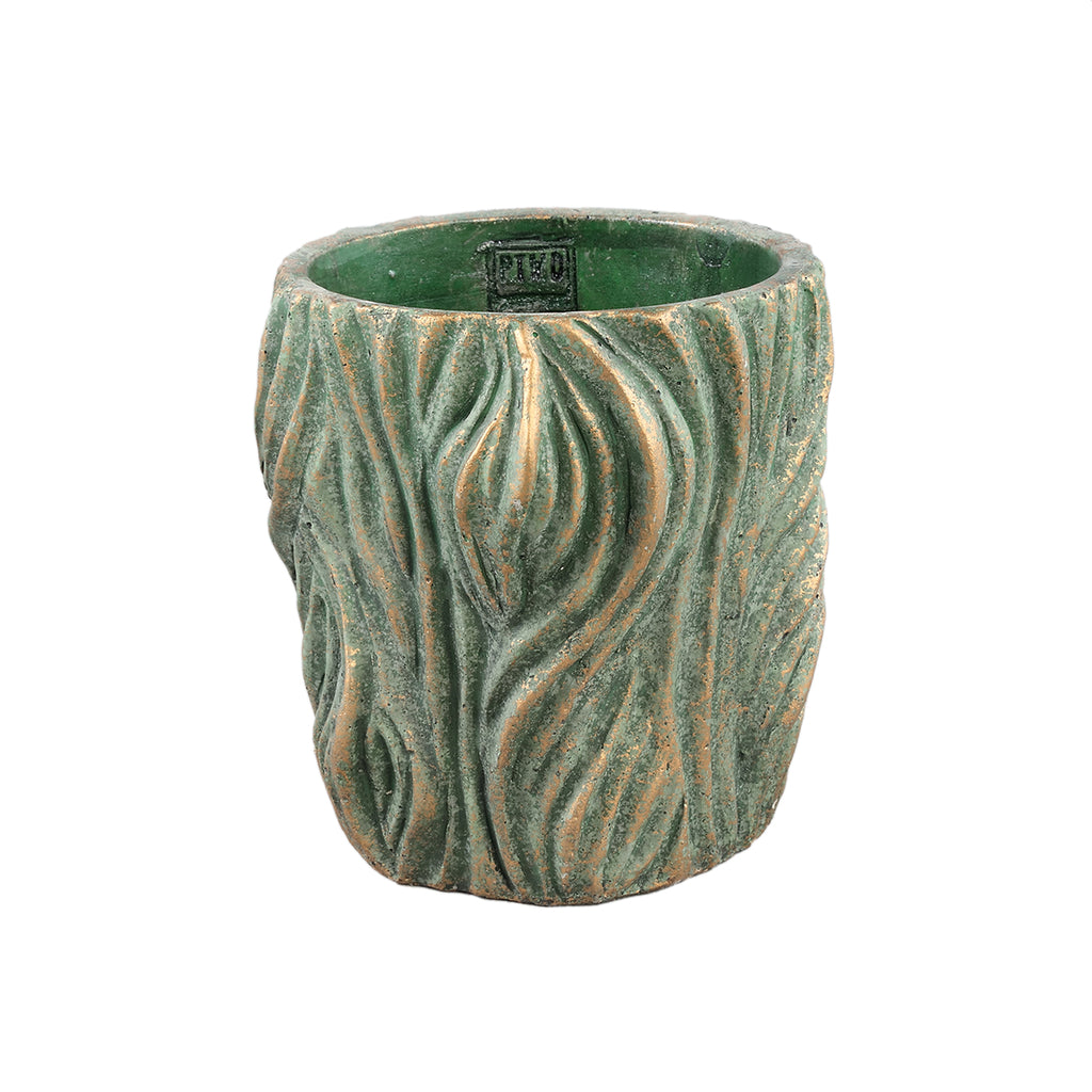 Alexio Green round cement pot wavy lines low L