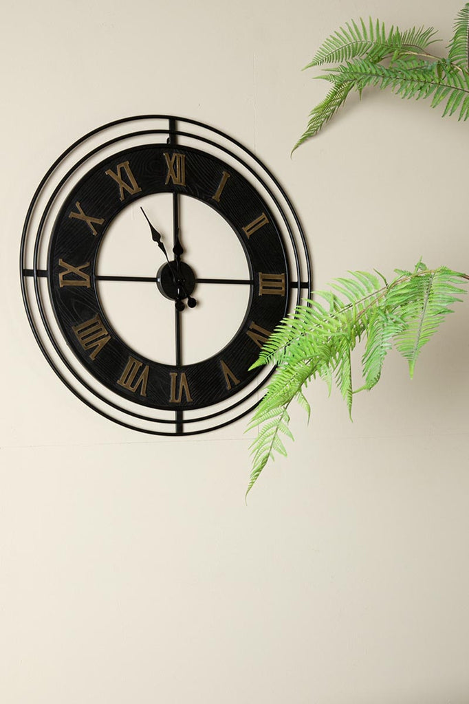 Azzer Black iron wall clock wooden inlay round