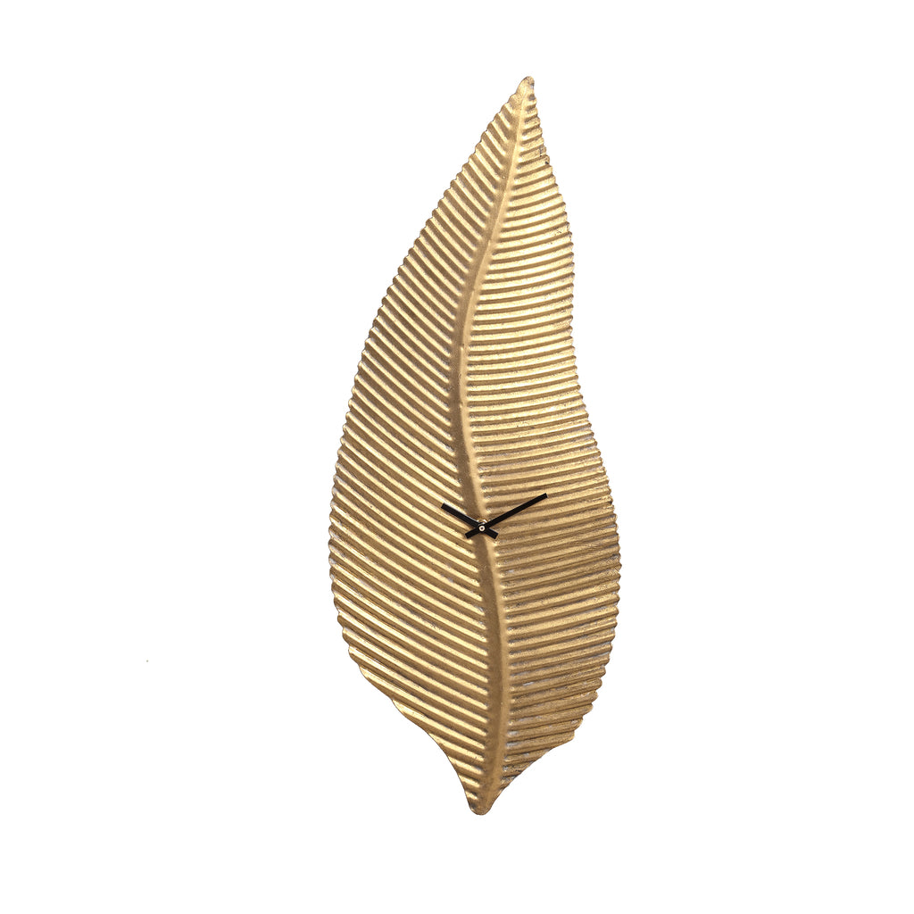 Dinter Gold metal wall clock in vertical leaf