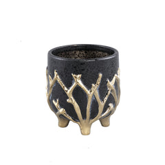 Quin Black ceramic pot gold branches base low S