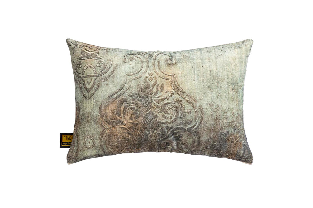 Sherdi Blue cotton velvet cushion antique print L