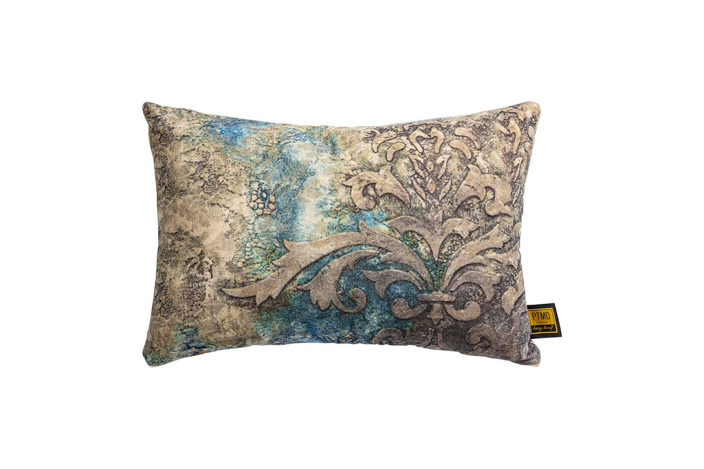 Triva Blue cotton velvet cushion antique print L