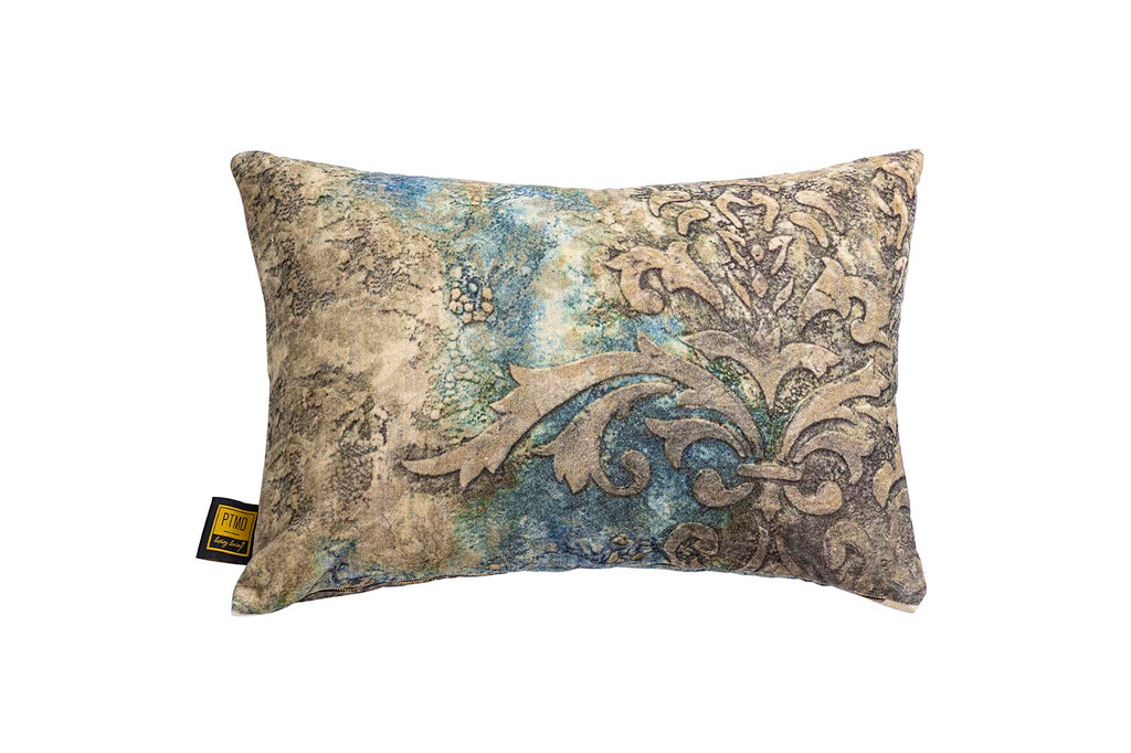 Triva Blue cotton velvet cushion antique print L