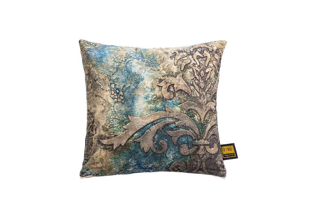 Triva Blue cotton velvet cushion antique print S