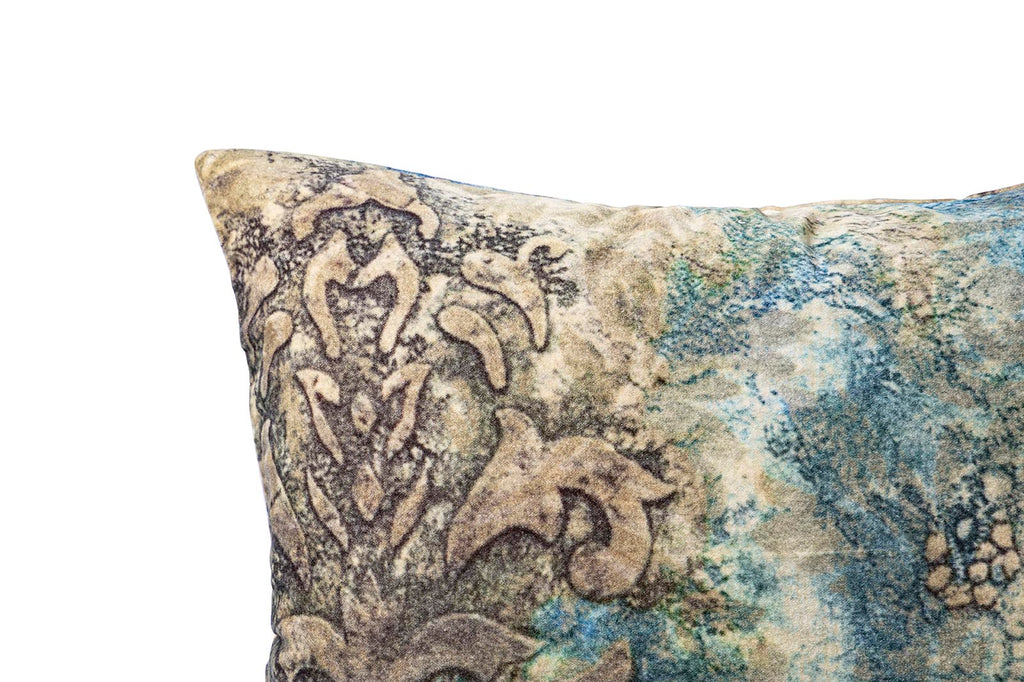 Triva Blue cotton velvet cushion antique print S