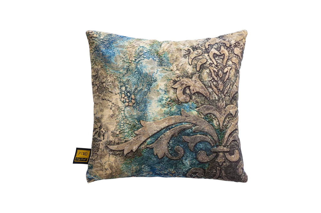 Triva Blue cotton velvet cushion antique print S