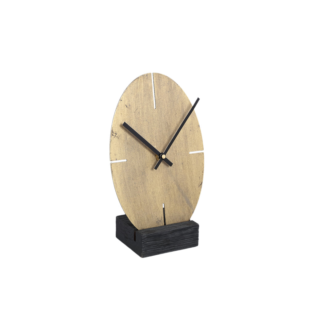 Tunes Gold metal table clock in black stand oval